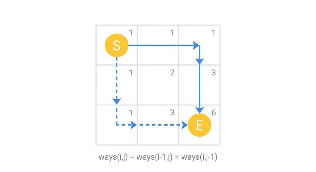 3x3 grid showing distinct path counts to each cell